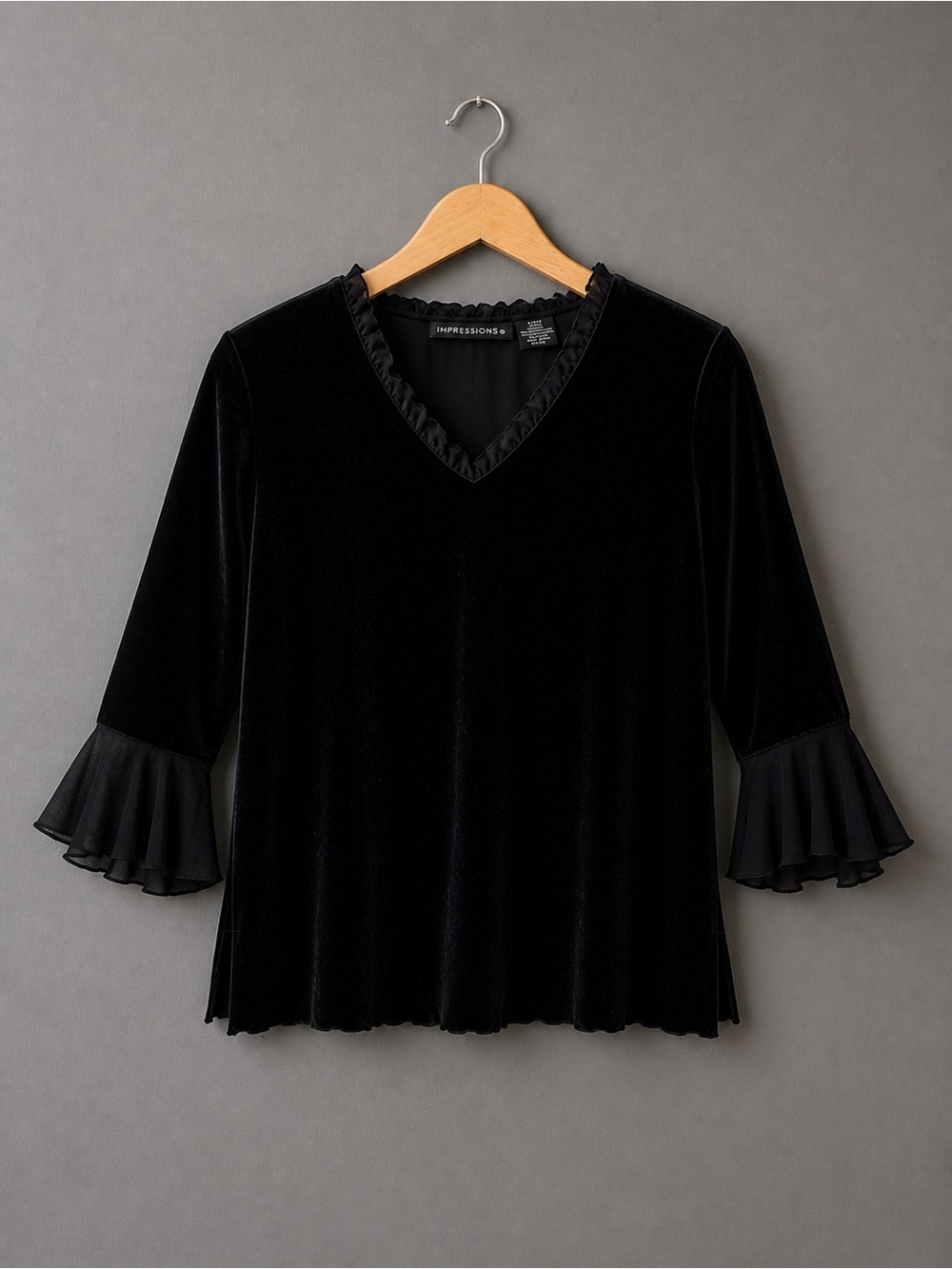 Impressions Black Velvet Ruffle Neck Bell Sleeve Blouse PL
